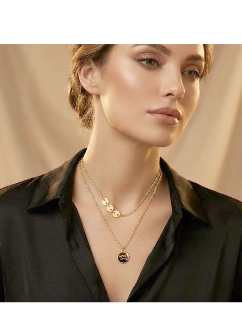 Gold Plated Layered Necklace “Good Luck” Disc Pendant